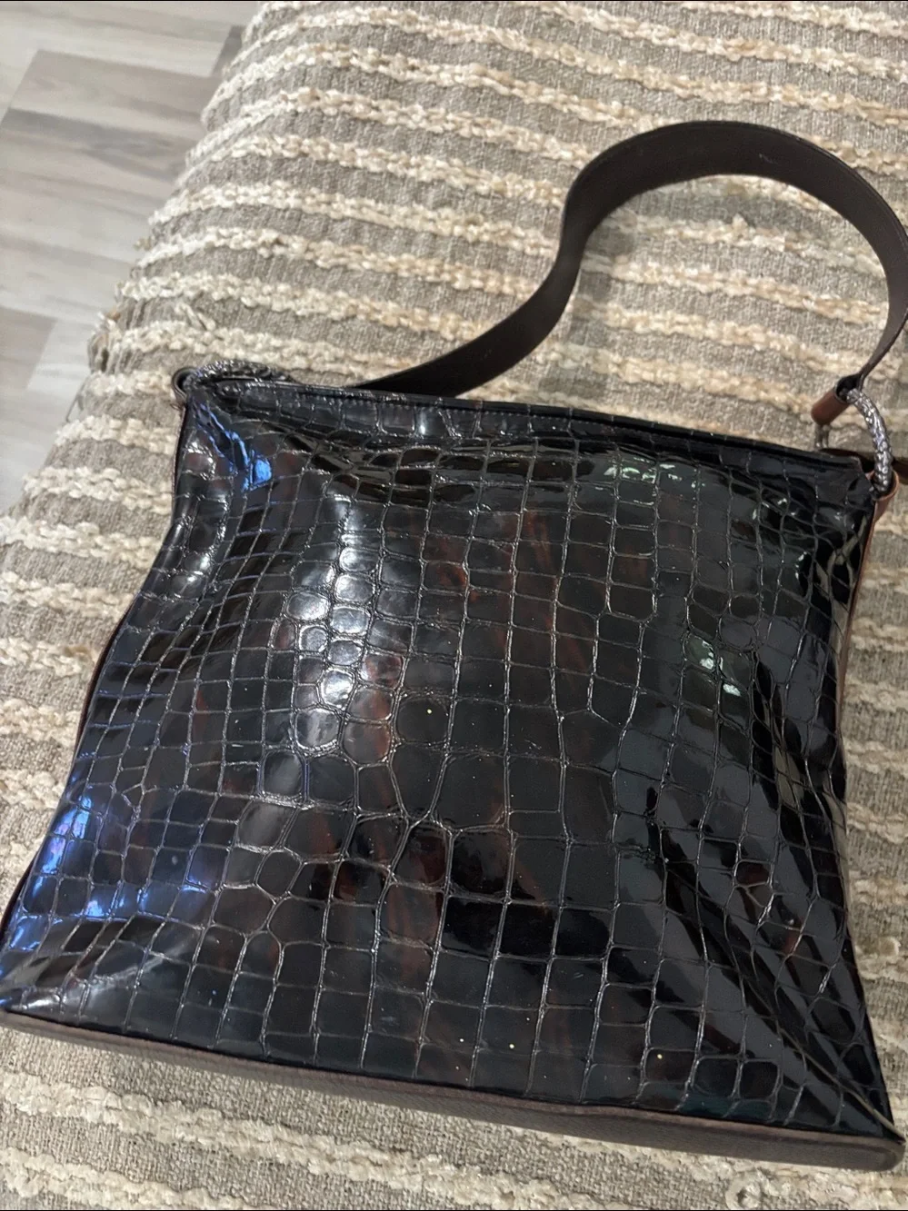 Brighton Croc- Embossed Glossed Dark Brown Large‎ Ring Leather Shoulder Tote Bag